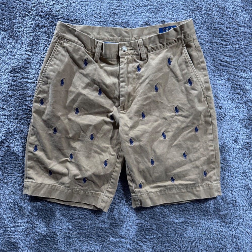 Polo Ralph Lauren Mens Tan Khaki Navy Blue Embroidered Pony Chino Shorts 32